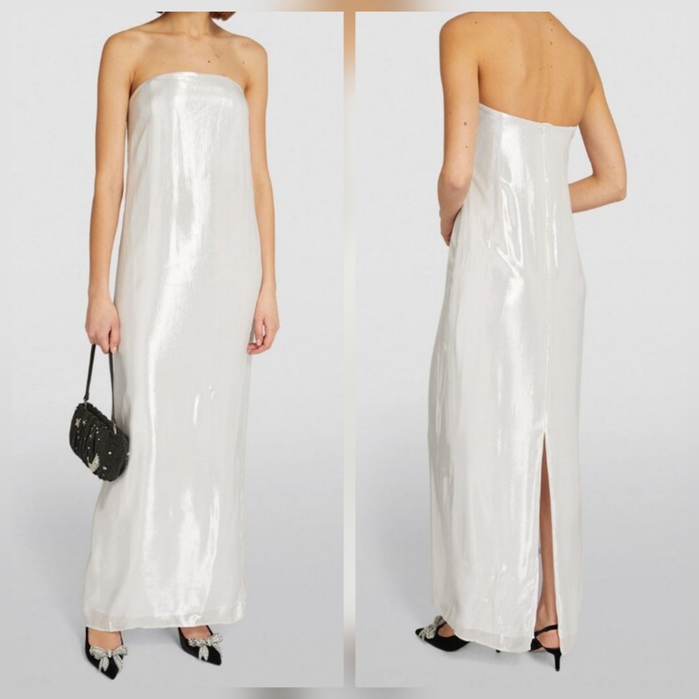 STAUD Strapless Casey Metallic Silver Silk Gown Dress